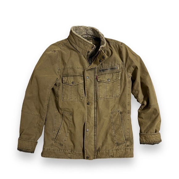 Levi's Sherpa Collar Military Jacket Olive Green Rugged Chore Barn Men's Small - Picture 1 of 11